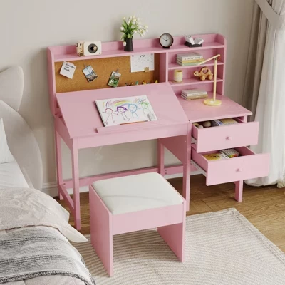 Kids Desk and Chair Set Wooden Study Table with Adjustable Tilt Desktop Storage Drawers and Cork Board for Children Learning pink
