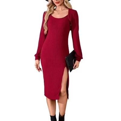 Женское платье Yesfashion в рубчик с разрезом, красное