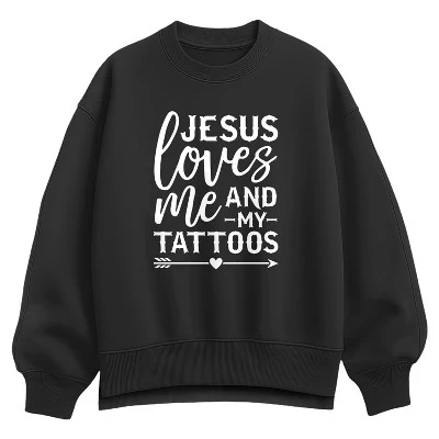 Женская толстовка Jesus Loves Me And My Tattoos из овечьей шерсти оверсайз черного цвета.