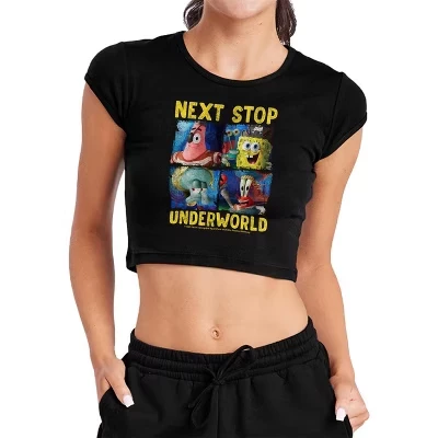 Women's SpongeBob Movie 2025 Next Stop Underworld Cap Sleeve Baby Rib Crop Top black