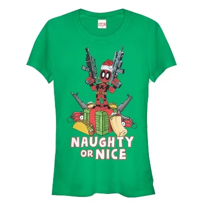Женская рождественская футболка Deadpool Naughty Or Nice зеленого цвета для юниорок