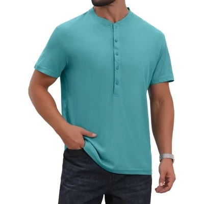 Мужские дышащие футболки на пуговицах с коротким рукавом Henley Shirt светло-голубого цвета