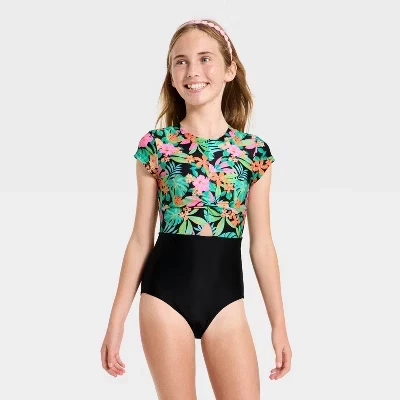 Цельный купальник Sunset Tropics для девочек с коротким рукавом - Кот Джек Черный