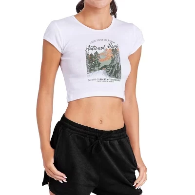 Women's Great Smoky Mountains National Park Vintage Cap Sleeve Baby Rib Crop Top white