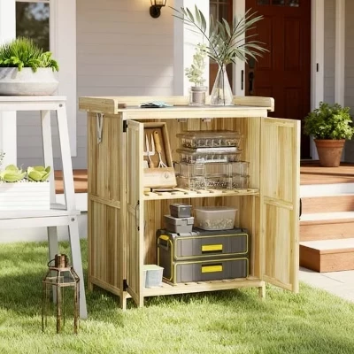 Patio Wooden Potting Bench, Outdoor Garden Work Station Table, Garden Tool Shed with Metal Tabletop and Shelf natural wood