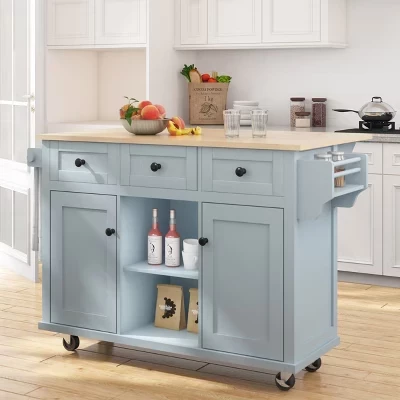 Rolling Green Drop Leaf Wood Top 53 in. Kitchen Island Cart with Storage Racks, Removable Shelves, 5 Wheels blue