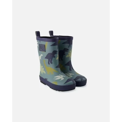 Deux par Deux Boy Rain Boots in Natural Rubber Green Dinosaur Print green