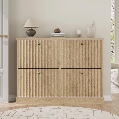Fluted Wooden Shoe Cabinet with 4 Flip Drawers, Slim Freestanding Shoe Organizer, Adjustable & Removable Shelves for Entryway or Hallway Storage natural oak
