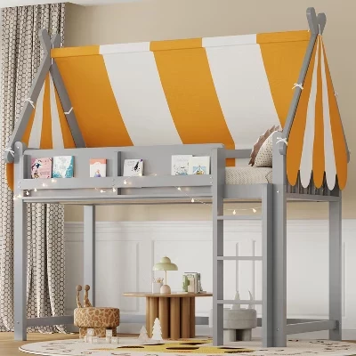 Twin/Full Size Loft Bed for Kids with Canopy, LED Lights & Book Shelf - gray