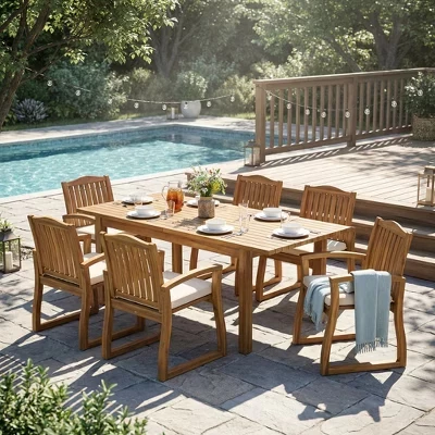 Современный обеденный гарнитур Soren Patio Acacia из 7 предметов с выдвижным решетчатым столом и подушкой