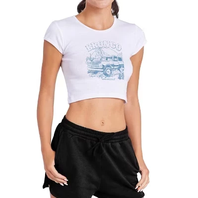 Women's  Bronco Desert Blue Mono Cap Sleeve Baby Rib Crop Top white