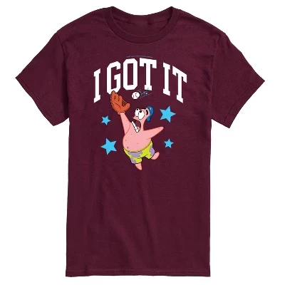 Мужская бейсбольная футболка I Got It Patrick с коротким рукавом и графическим рисунком темно-бордового цвета.