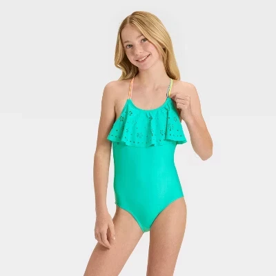 Девочковый слитный купальник Cat & Jack Sunny Palm Tree UPF 50+, зеленый