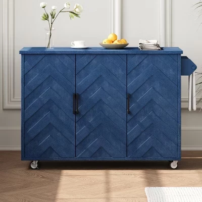 Rolling Black Drop Leaf Wood Top 51 in. Kitchen Island Cart with Internal Storage Racks, Soft-Close Hinge, 4 Wheels blue