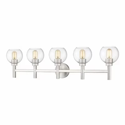 Современный настенный светильник для туалетного столика Sutton 5-Light - Стальной, с регулируемой яркостью, с защитой от влаги, серебристый, шириной 39,5 дюймов