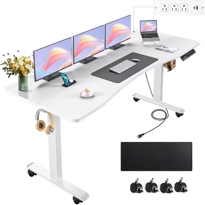Компьютерный стол HOMDOX Elec-Standing с регулируемой высотой 63 × 24 дюйма, Эргономично изогнутый рабочий стол с запирающимися роликами на выходе, Диапазон подъема 27-46 дюймов, белый