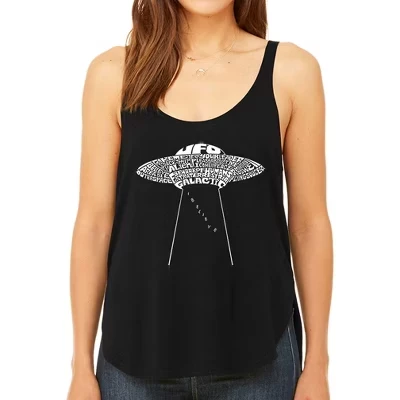 Женская струящаяся майка премиум-класса Word Art - Flying Saucer UFO черного цвета
