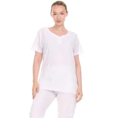 Женский топ-скраб HEAL+WEAR с V–образным вырезом и 4-полосной эластичностью-Мягкая эластичная рубашка для медсестер классического покроя с 2 карманами белого цвета