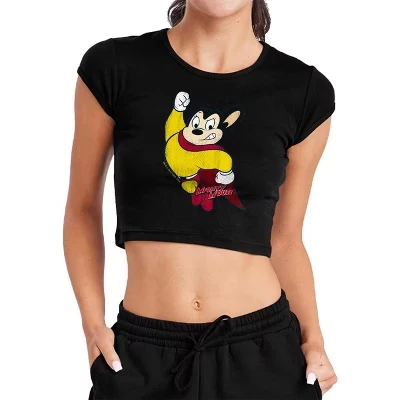 Женский укороченный топ Mighty Mouse Classic Hero с коротким рукавом в рубчик для малышей, черный