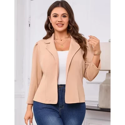 Women's Plus Size Open-Front Blazer 3/4 Sleeve Jacket Padded Shoulde khaki