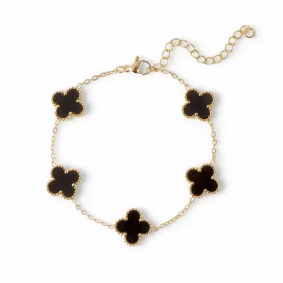 14K Gold Clover Bracelets for Women - Flower Four Leaf Clover Bracelet - Mother of Pearl & Onyx Gemstone Lucky Flower Design - Adjustable black