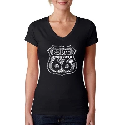 Женская футболка Word Art с V-образным вырезом - Получите удовольствие от Route 66, черная