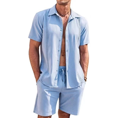 Мужской короткий комплект из 2 предметов, кубинские рубашки Guayabera, повседневная пляжная одежда с коротким рукавом, светло-голубой