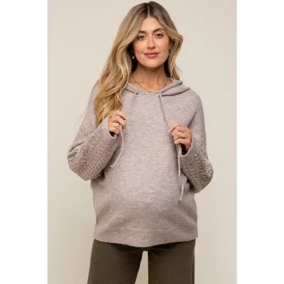Taupe Mixed Knit Maternity Hooded Sweater taupe