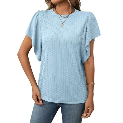 Women's Textured Crew Neck Ruffle Short Sleeve Shirt Summer Casual T-Shirt Trendy Everyday Soft Loose Top Blouse blue