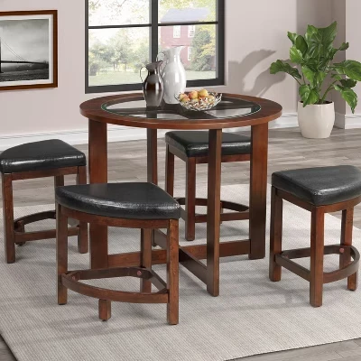 Alden 5 Piece Modern Round Glass Top Dining Set with 4 Triangular Stools espresso