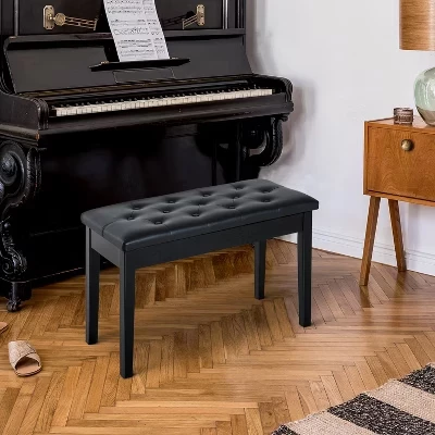 Скамья для фортепиано из искусственной кожи 30 дюймов для музыкальной комнаты, Дуэтное фортепианное кресло с откидной крышкой, Деревянная скамья для клавиатуры с тафтинговым верхом на пуговицах черного цвета