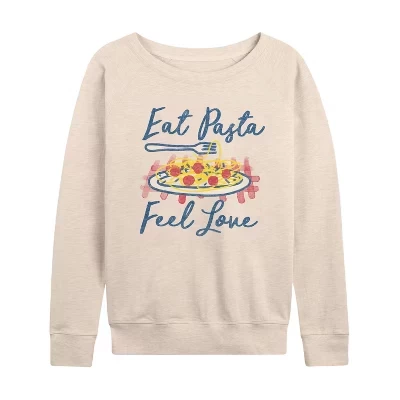Женская рубашка Eat Pasta Feel Love из легкого французского махрового полотна с широким вырезом и длинным рукавом с графическим рисунком.
