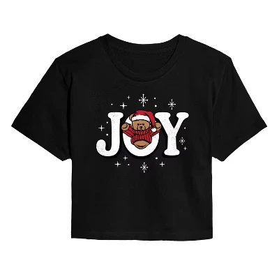 Женская укороченная футболка с рисунком Joy Teddy Bear черного цвета