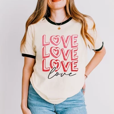Love Stacked Sketched - женская футболка с рисунком Рингера, винтажная черная