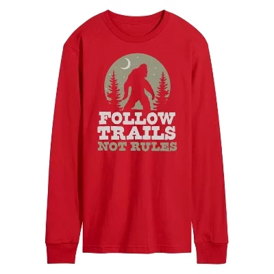 Мужская футболка с длинным рукавом Follow Trails Not Rules Sasquatch с рисунком Снежного человека, красная