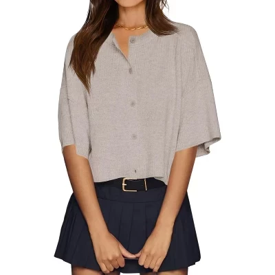 Lightweight Ribbed Knit Cardigan Summer Oversized Cropped Top Button Down Womens Half Sleeve khaki