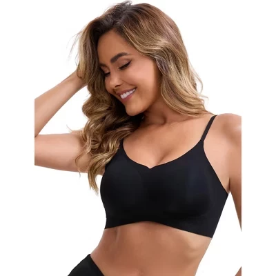 Women's V-Neck Wireless Lift-Up Adjustable Spaghetti Straps Soft Lightweight Seamless Bralette black