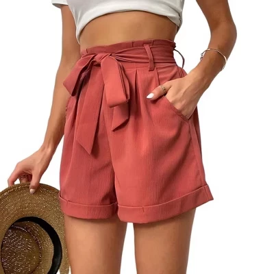 Women's Elastic Waist Casual Shorts, Bow-Tie Detail Rolled Hem High-Waisted Shorts red