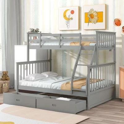 Двухъярусная кровать 76 дюймов Twin Over Full с выдвижными ящиками для хранения вещей, Детские двухъярусные кровати с защитным ограждением и лестницей, Каркасы кроватей для гостиной, Детская комната серого цвета