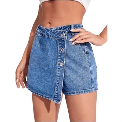 Женская джинсовая юбка-шорты Skort с высокой талией и пуговицами спереди, асимметричный подол, синего цвета