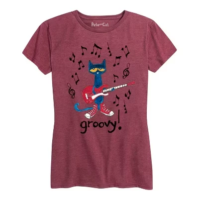 Женская футболка с коротким рукавом и графическим рисунком Pete The Cat - Guitar Groovy бордового цвета