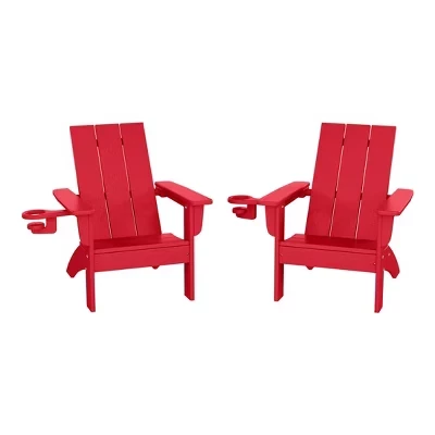Современные садовые стулья Adirondack из ПНД пластика Ashore Kids с подстаканниками (комплект из 2-х) красного цвета