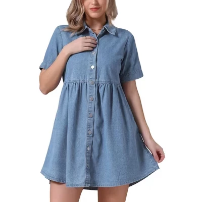 Женская джинсовая сорочка Babydoll с многослойными джинсовыми рубашками на пуговицах с коротким рукавом светло-голубого цвета