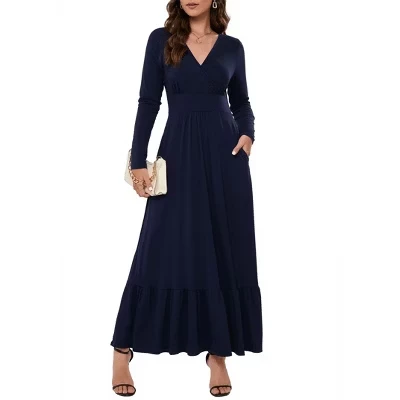 Женское весенне-осеннее макси-платье с длинным рукавом и V-образным вырезом, повседневное струящееся плиссированное длинное платье с оборками и карманами