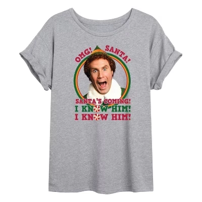 Женская футболка оверсайз Elf Christmas Omg Santa I Know Him, серая