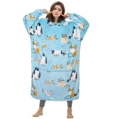 Женская толстовка с капюшоном Oversize Blanket на все тело, удлиненный флисовый пуловер, подарок для женщин, жены, подруги, голубой кошки