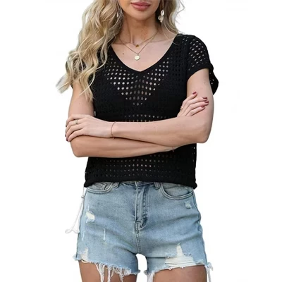 YESFASHION/ женская пляжная накидка свободного кроя крючком с коротким рукавом, летняя пляжная накидка-бикини на шнурке, черный