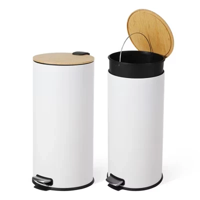 30 Liter/8 Gallon Step Trash Can with Bamboo Lid, Round Slim Stainless Steel Garbage Can with Removal Inner Liner, Soft Close for Kitchen, Office white