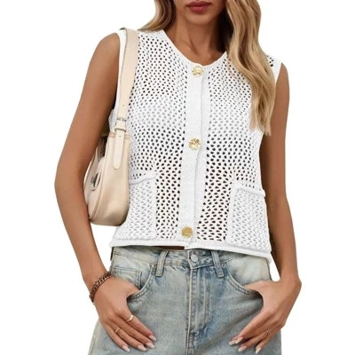 Женский вязаный крючком плотный вязаный топ без рукавов на пуговицах, укороченные топы, повседневный кардиган, свитер, жилет с карманами, белый