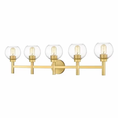 Современный настенный светильник для туалетного столика Sutton 5-Light - Стальной, с регулируемой яркостью, с защитой от влаги, шириной 39,5 дюйма, золотистый